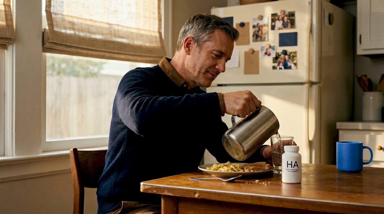 Man taking skin supplement in kitchen