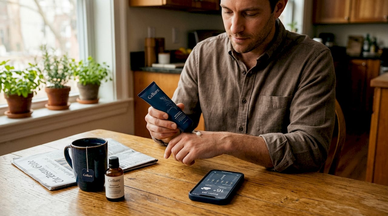 Man applying moisturizer at kitchen table