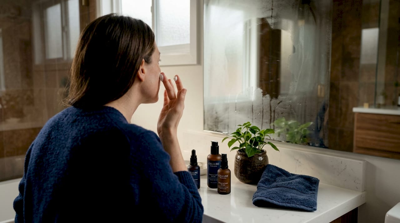 Woman applying skincare in natural home bathroom