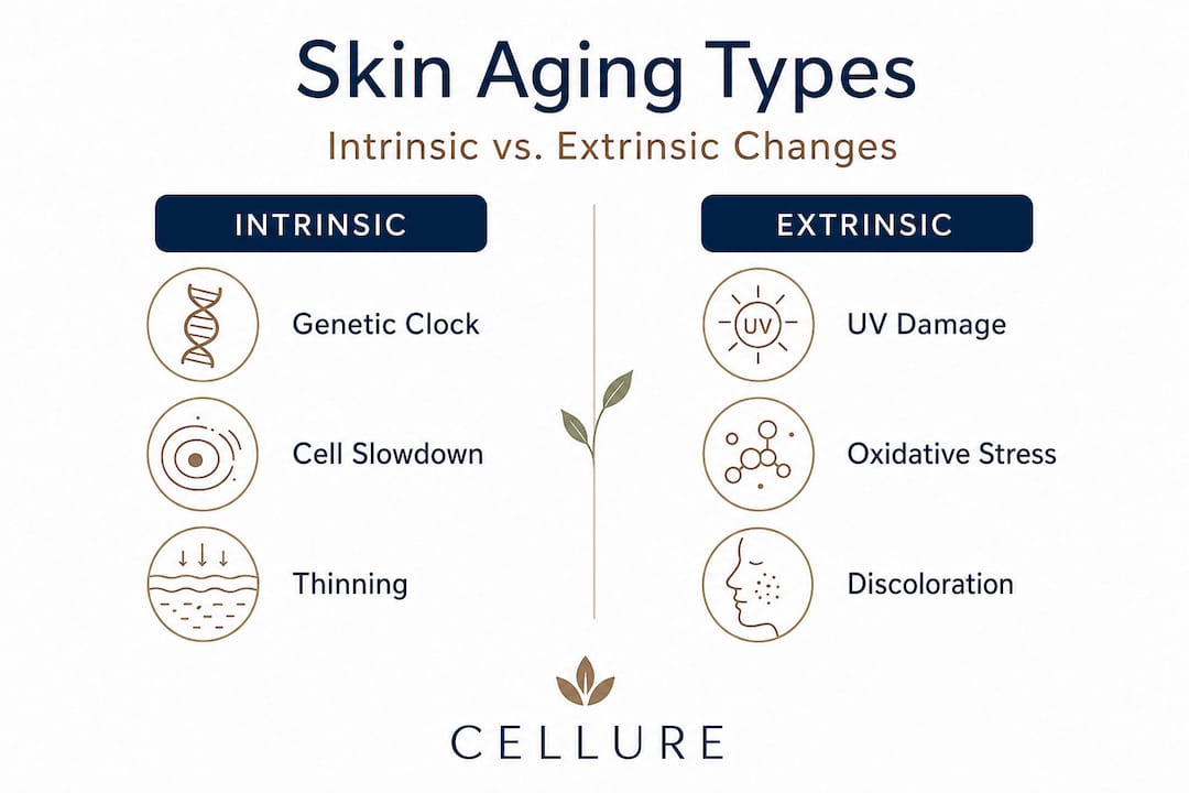 Infographic comparing intrinsic and extrinsic skin aging