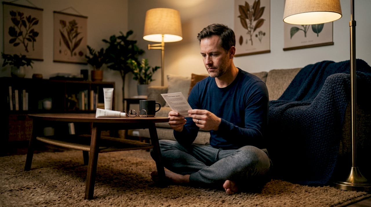 Man reading retinoid cream instructions in bedroom