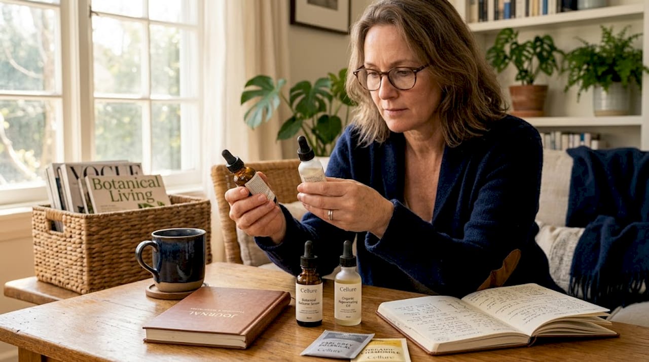 Hands inspecting serum bottle ingredient labels