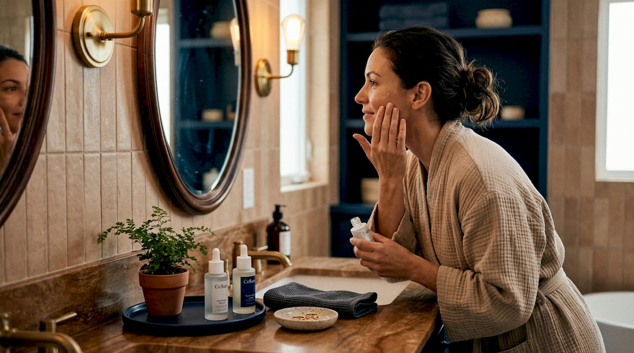 Woman applying serum at bathroom mirror