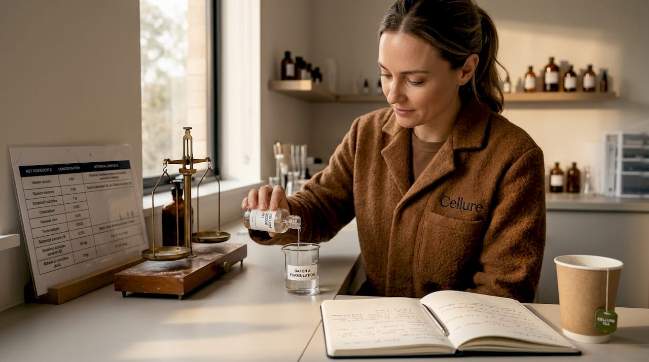 Scientist preparing skincare formula in lab