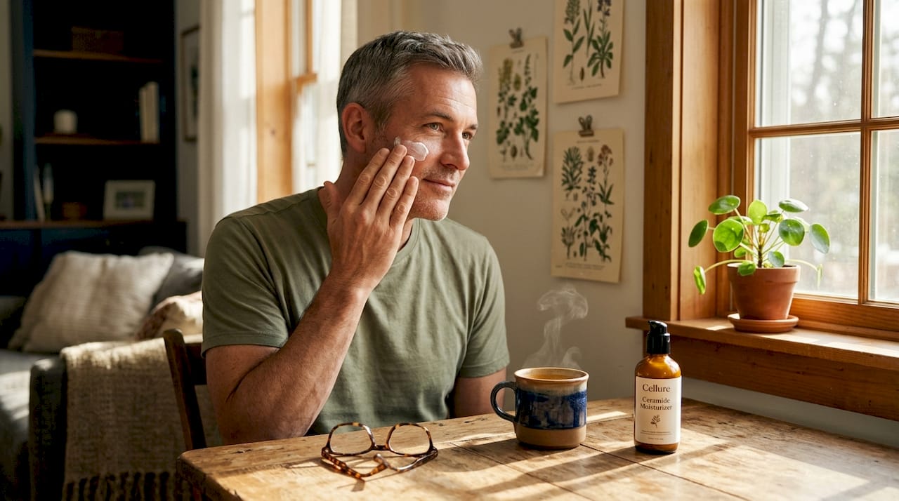 Man applying ceramide moisturizer at home desk