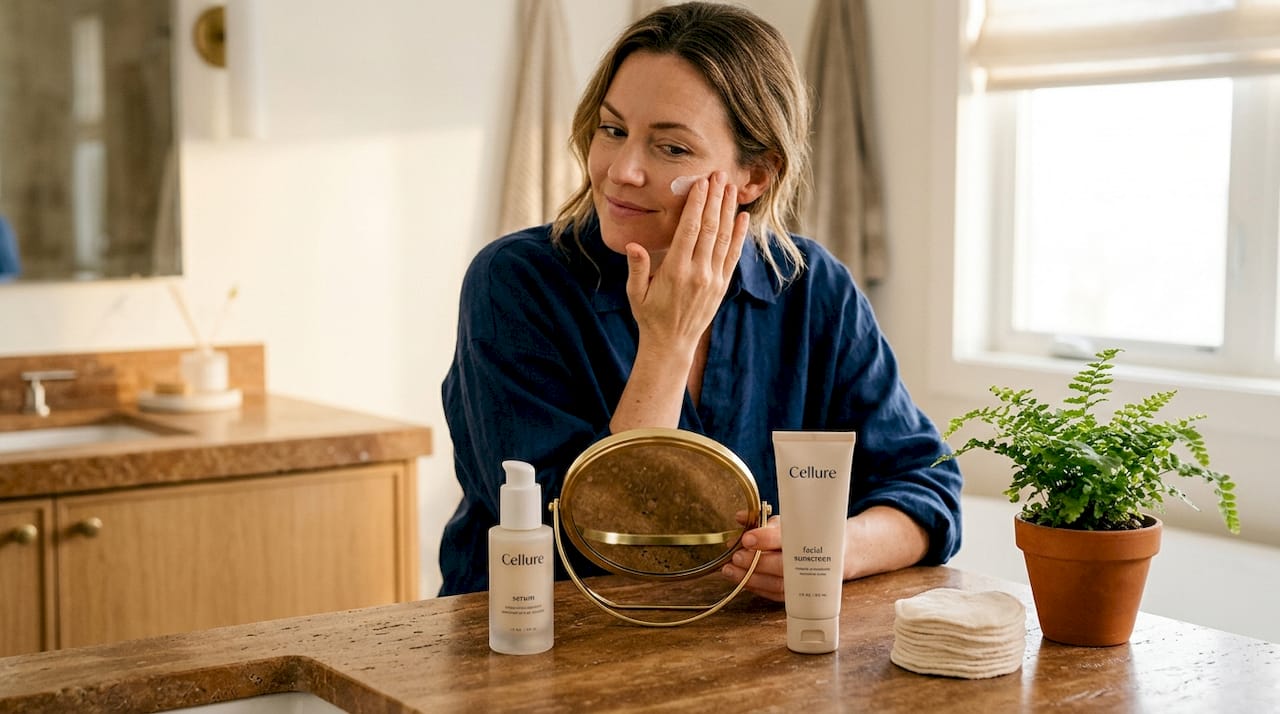 Man layering sunscreen after serum in bathroom