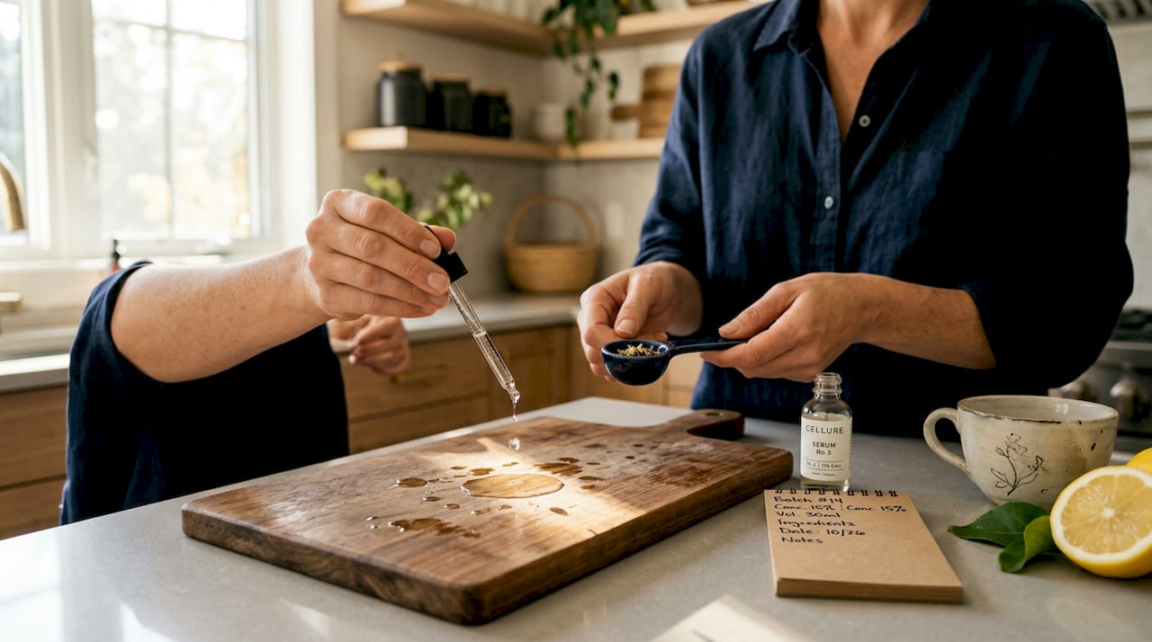 Hands measuring drops of skincare serum