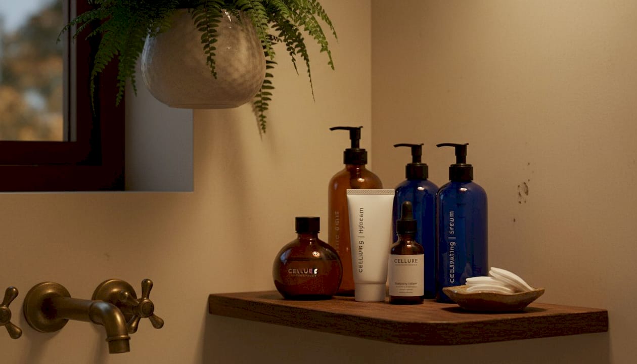 Neatly arranged skincare products on bathroom shelf