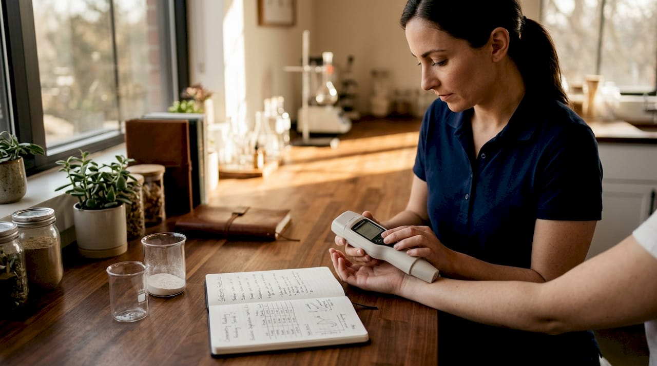 Lab technician measuring skin hydration with Corneometer