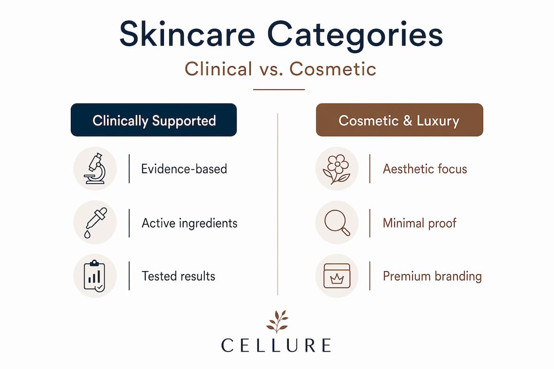 Infographic comparing clinical and cosmetic skincare categories
