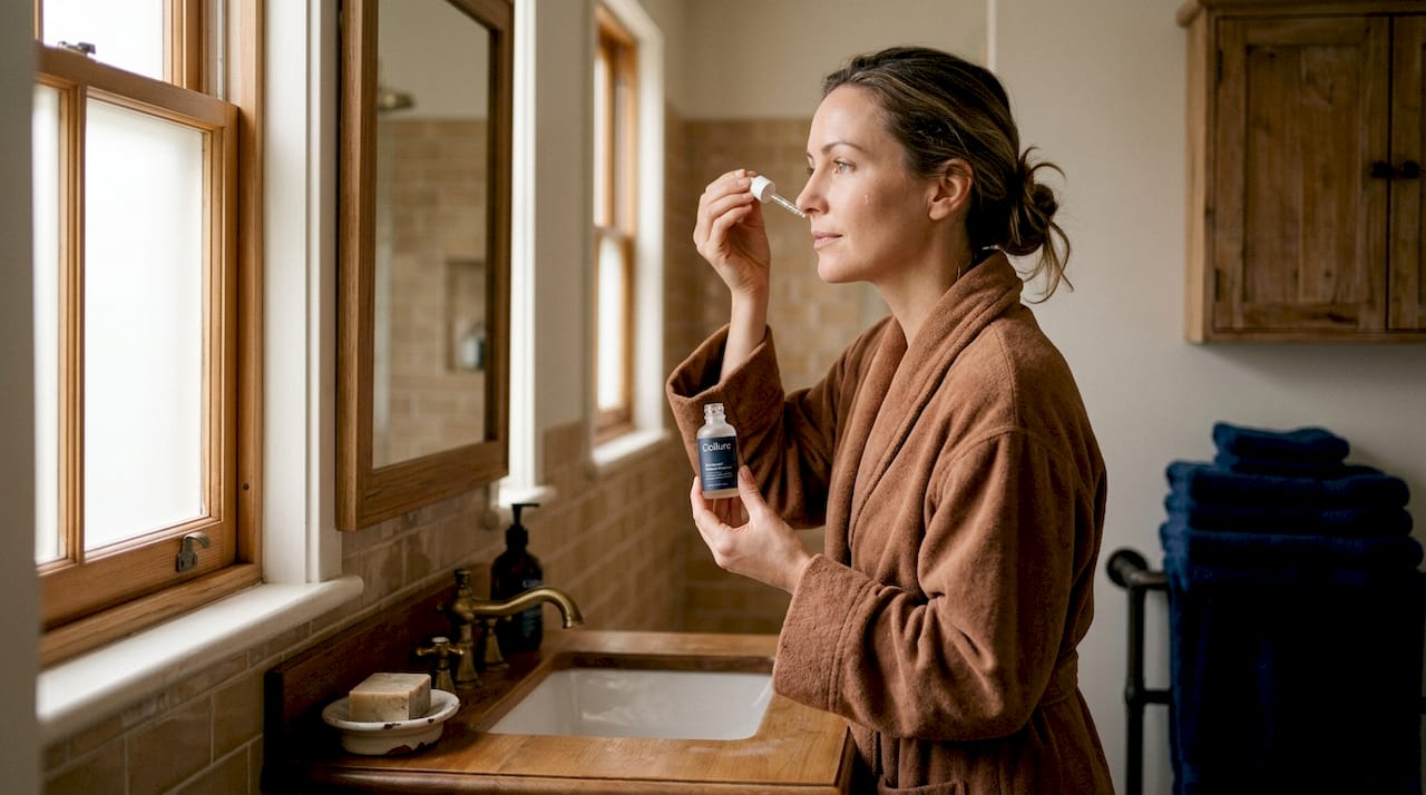 Woman applying serum in home bathroom