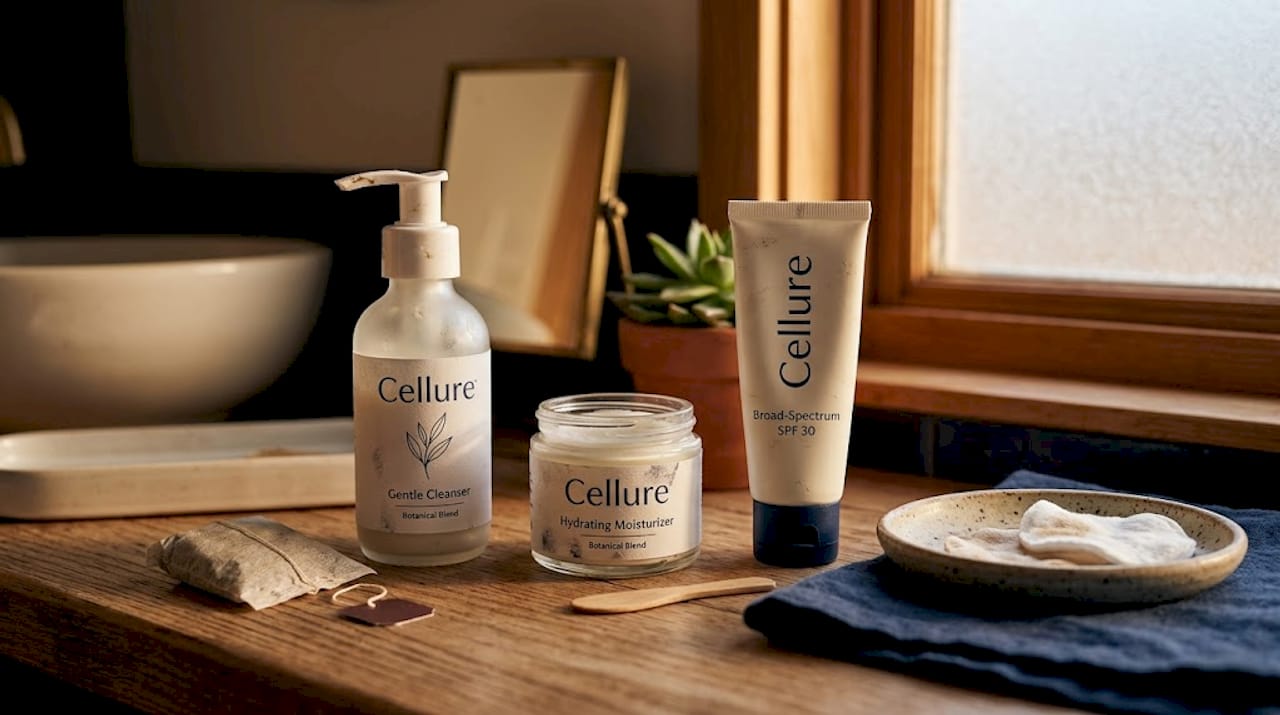 Three core skincare products on counter