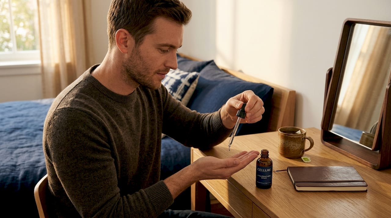 Applying hyaluronic acid serum at vanity