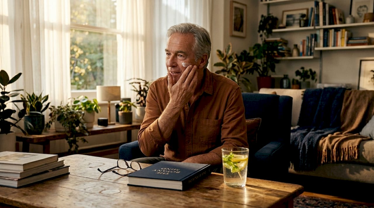 Older man applying moisturizer in kitchen