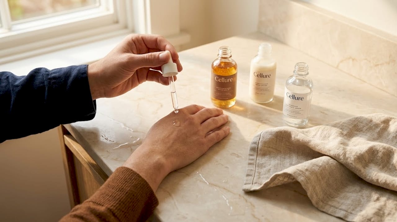 Close-up of hands layering skincare serums