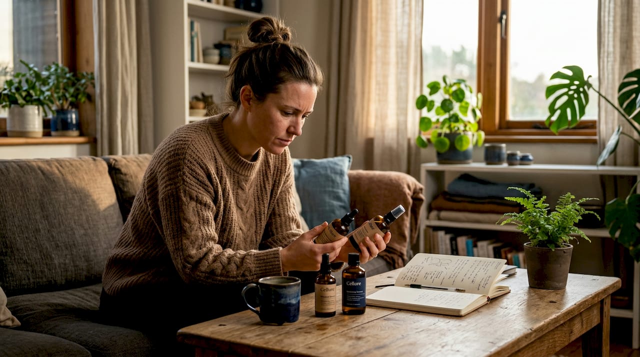 Woman compares two skincare products at home