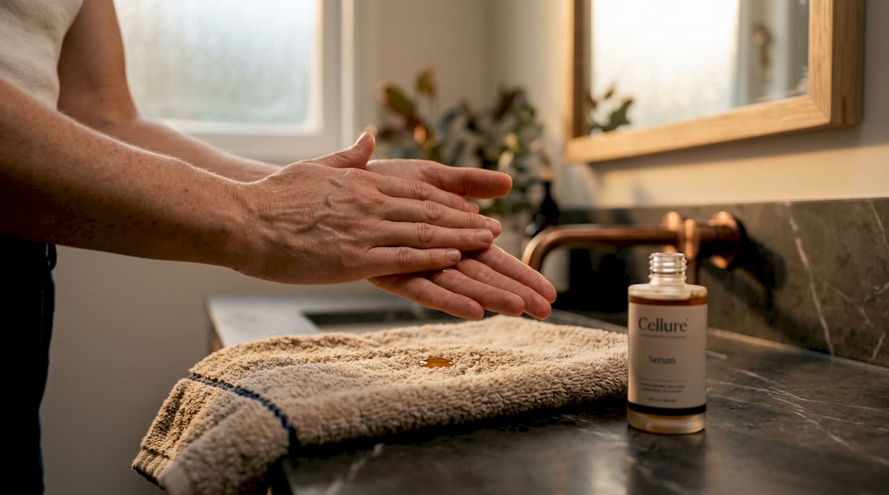Hands warming serum before facial application