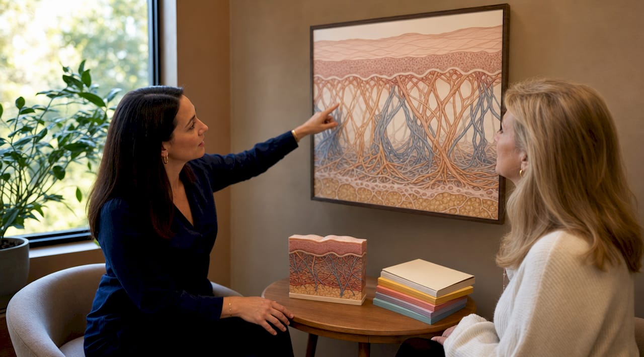 Dermatologist consulting patient about skin aging