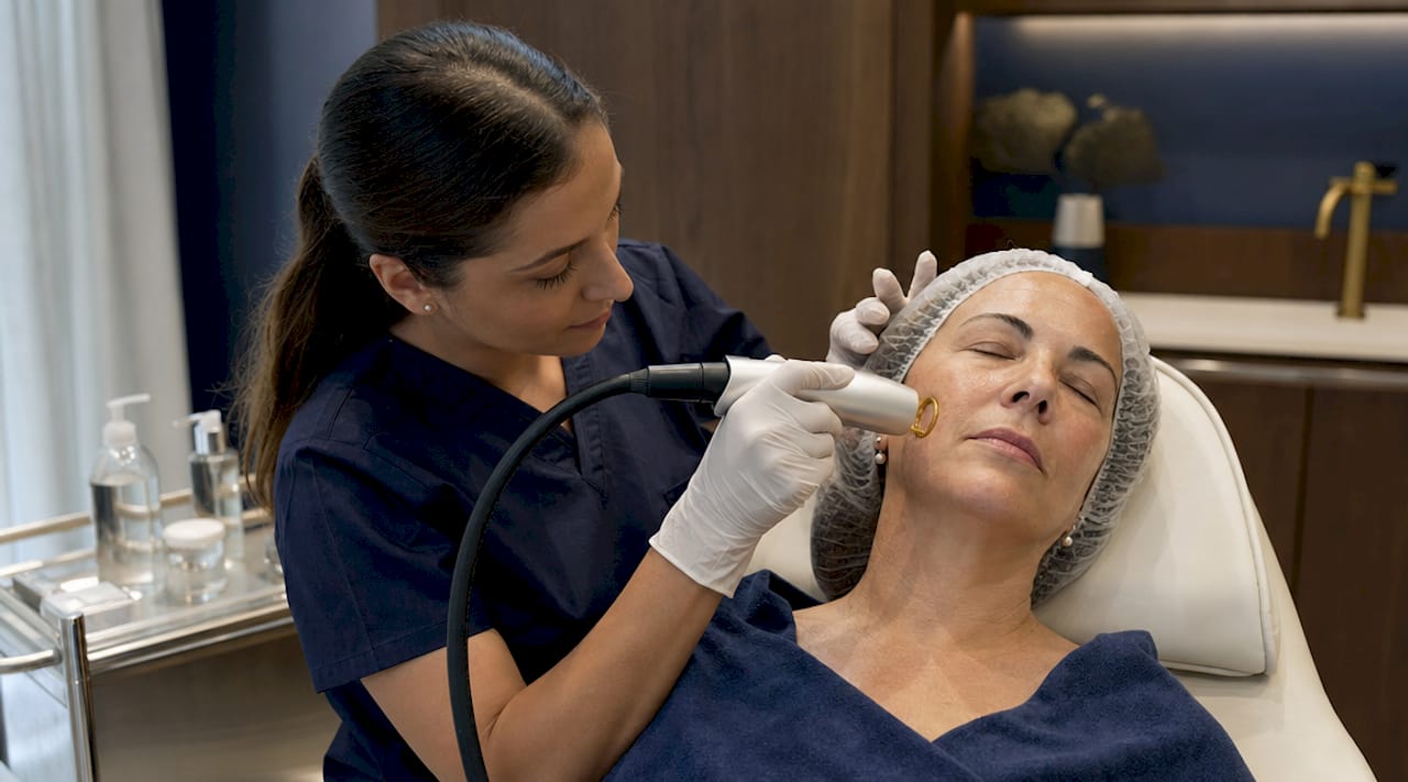 Dermatologist performing laser skin treatment on patient