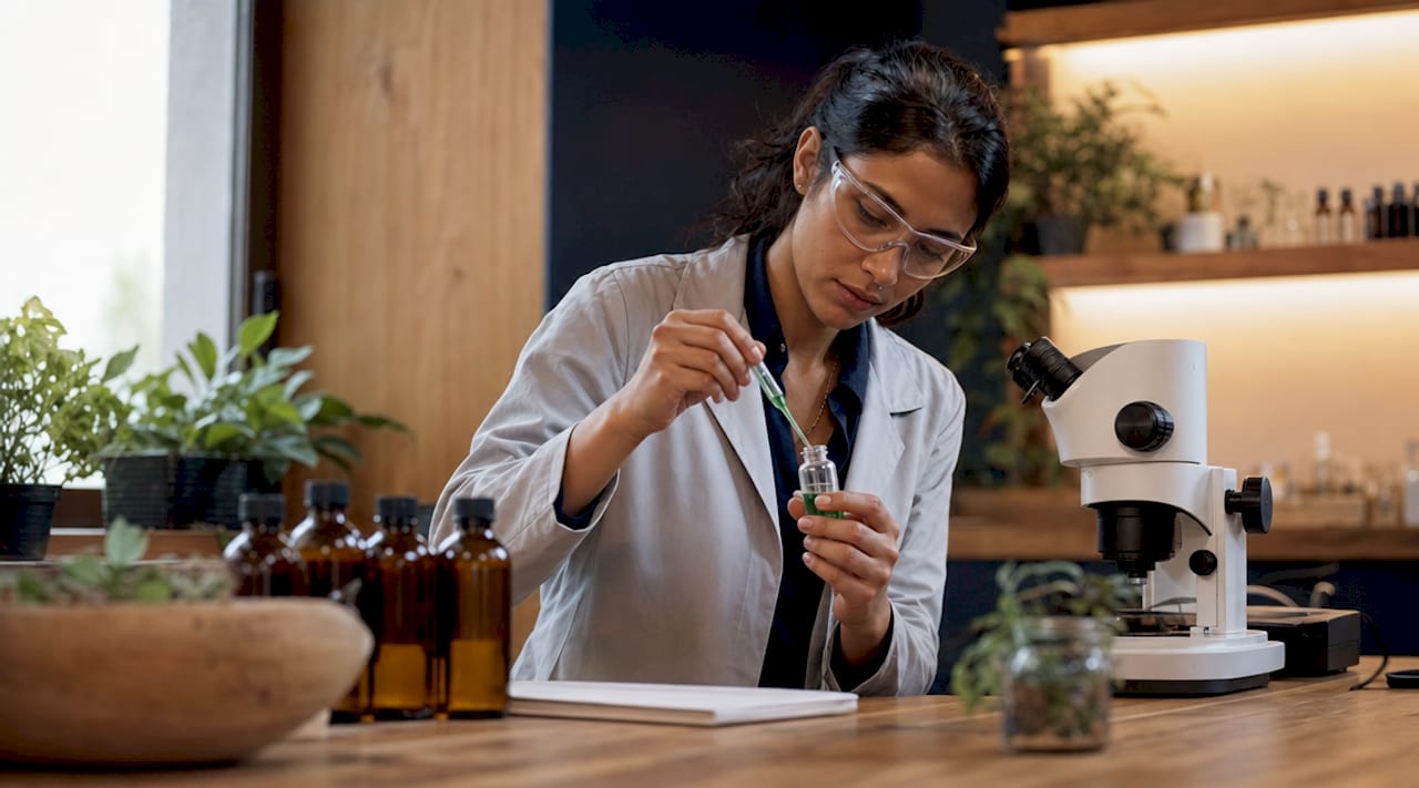 Female scientist researching skincare ingredients in lab