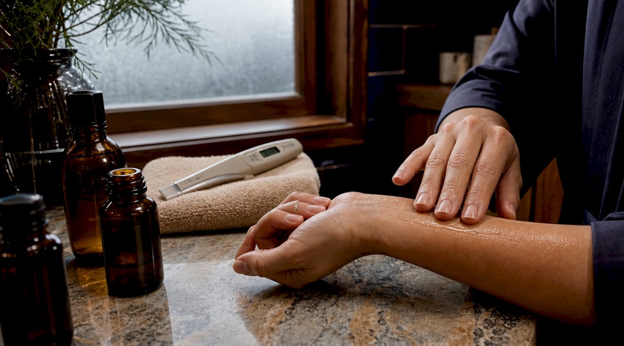 Hands applying exosome serum to forearm close-up