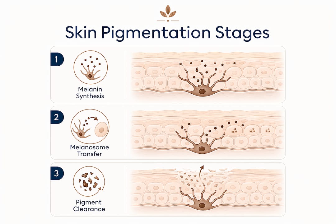 Infographic illustrating stages of skin pigmentation process