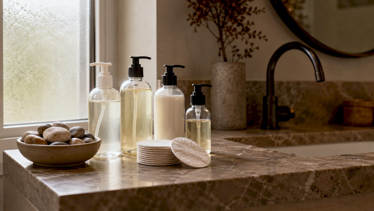 Close-up of bathroom shelf with gentle skincare bottles