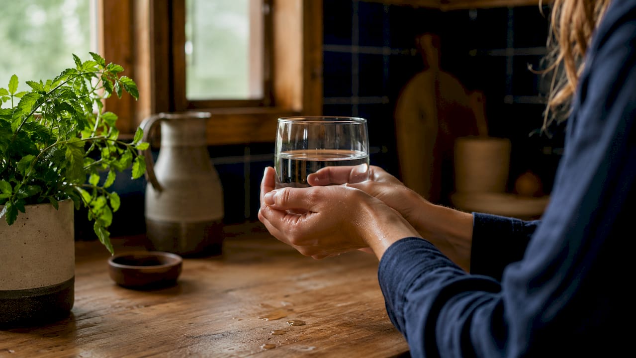 Hands holding glass of water in bathroom