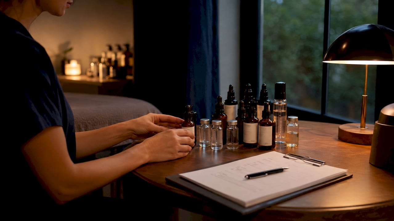Close-up of skin treatment products on clinic table