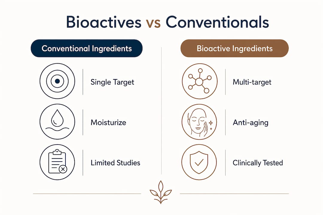 Infographic comparing bioactive and conventional skincare ingredients