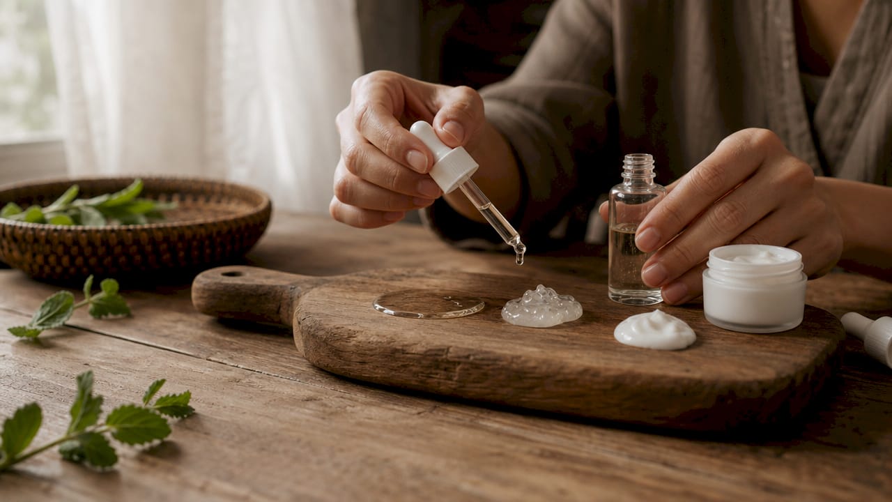 Hands showcasing textures of skincare products on dish