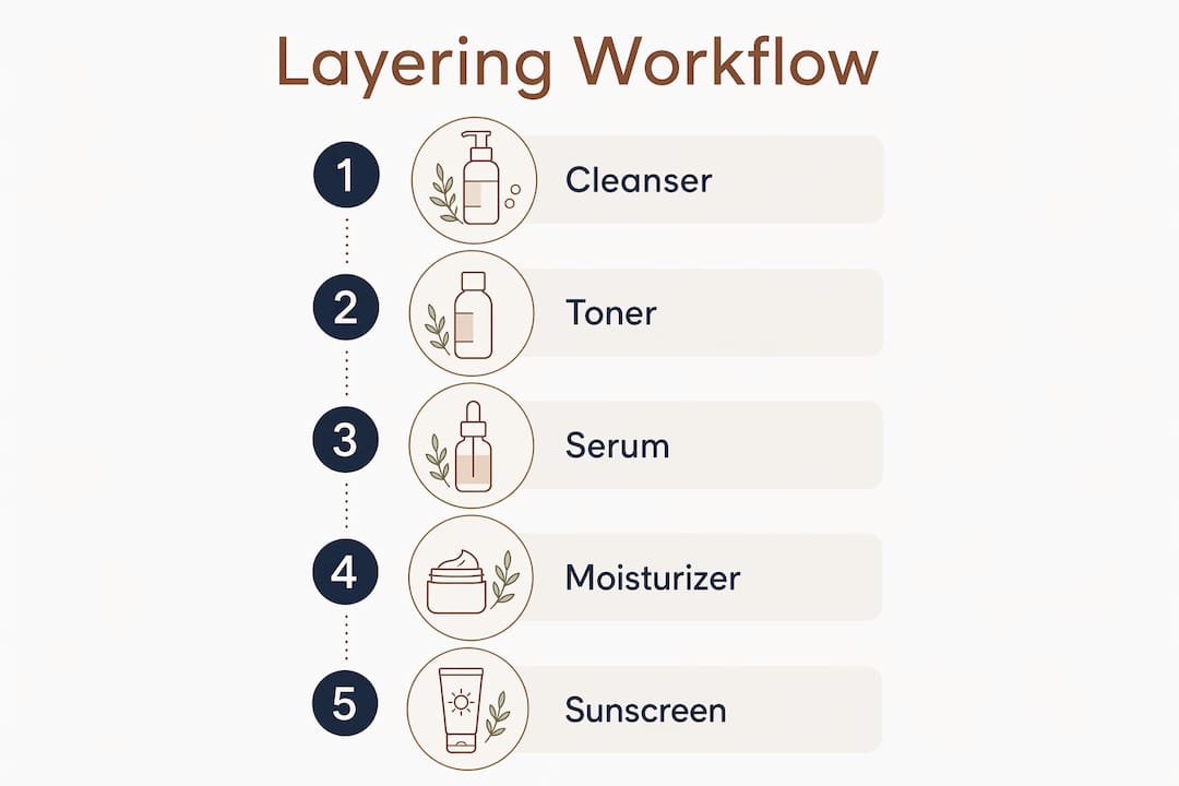 Infographic illustrating skincare layering workflow steps
