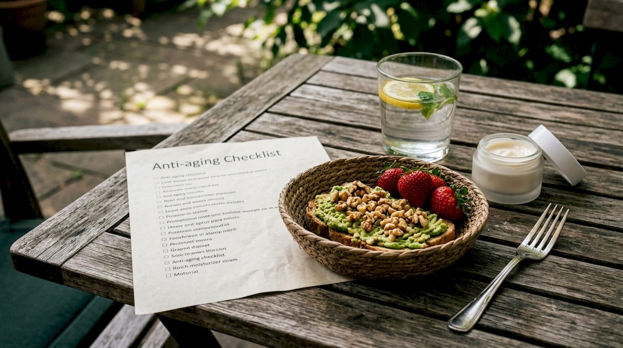 Flat lay of anti-aging checklist with healthy breakfast