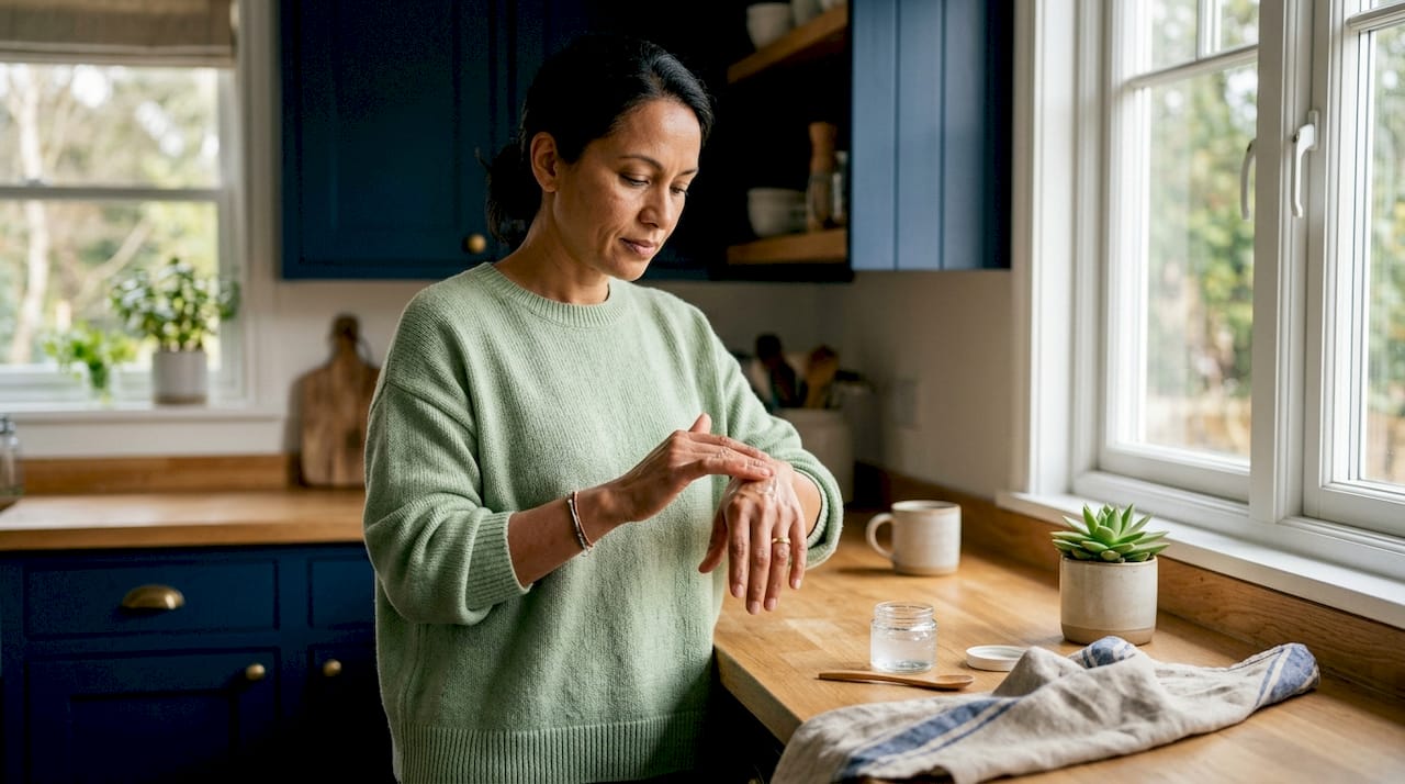 Hands applying bioactive skincare serum on skin
