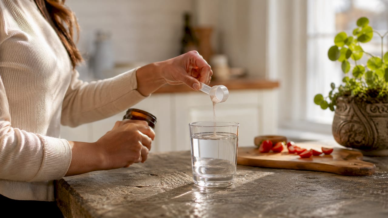 Hands holding collagen supplement and glass of water