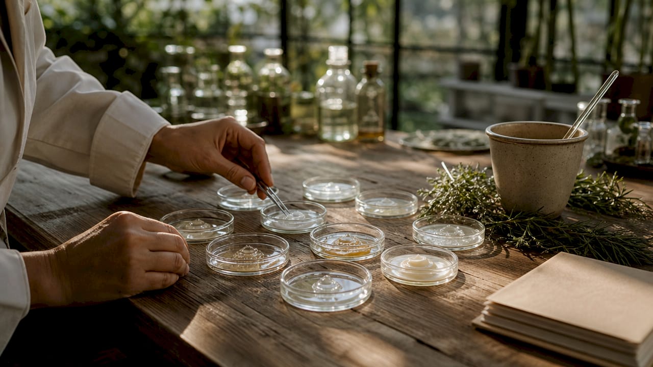 Hands arranging skincare ingredient samples in lab