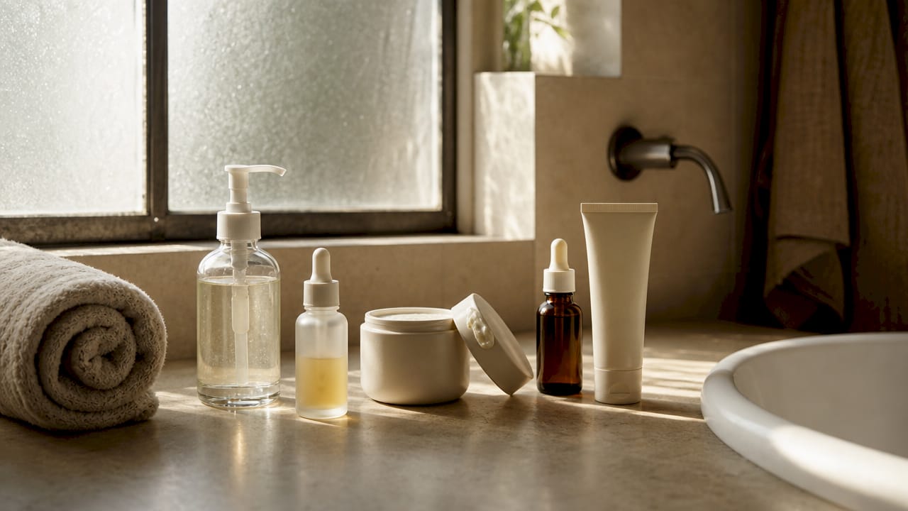 Home topical anti-aging skincare products arranged