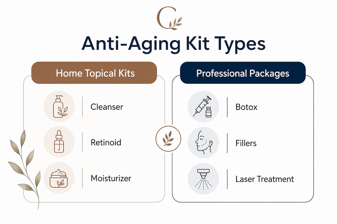 Infographic comparing home topical and professional anti-aging kits