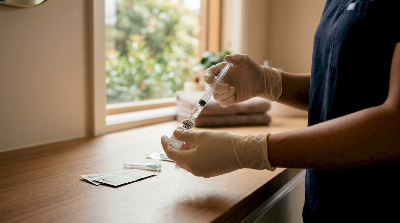 Hands preparing injectable filler syringe in clinic