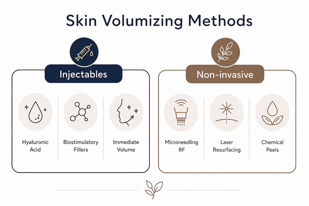 Infographic comparing injectable and non-invasive skin volumizing methods
