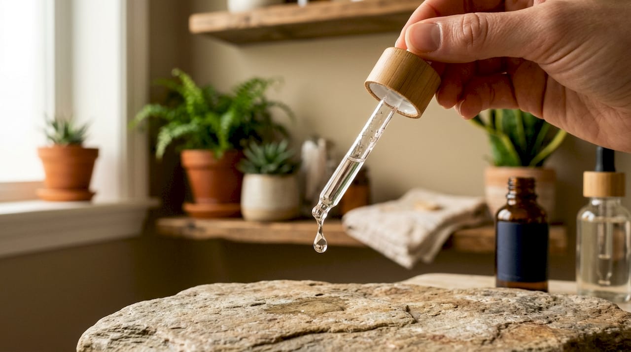 Close-up of serum dropper with clear serum droplet