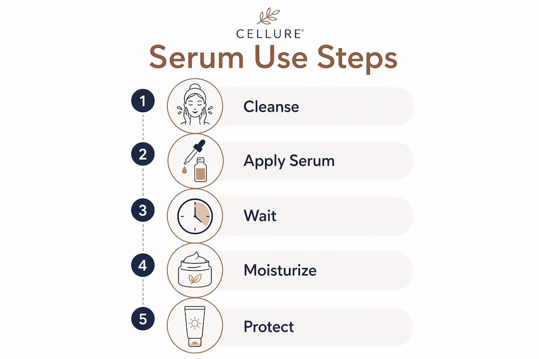 Infographic illustrating steps for using skin serum
