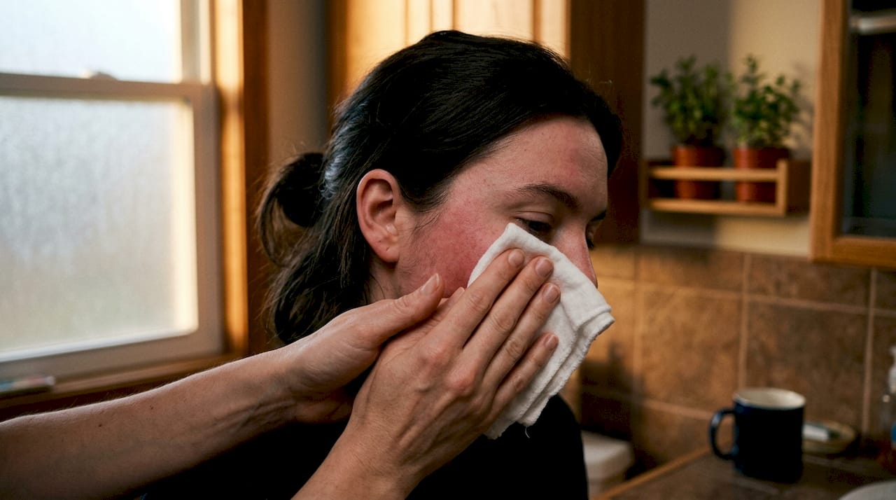 Hands holding cool compress for skin relief