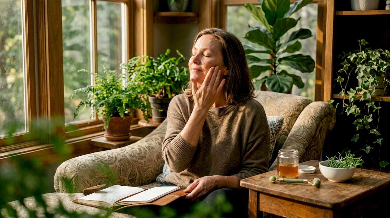 Woman applying copper peptide serum in home spa