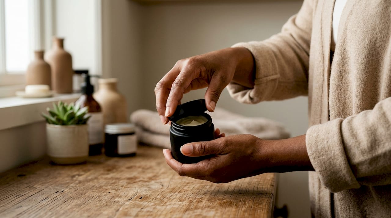 Hands holding retinoid cream container