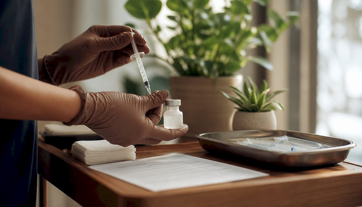 Gloved hands preparing Botox syringe in clinic
