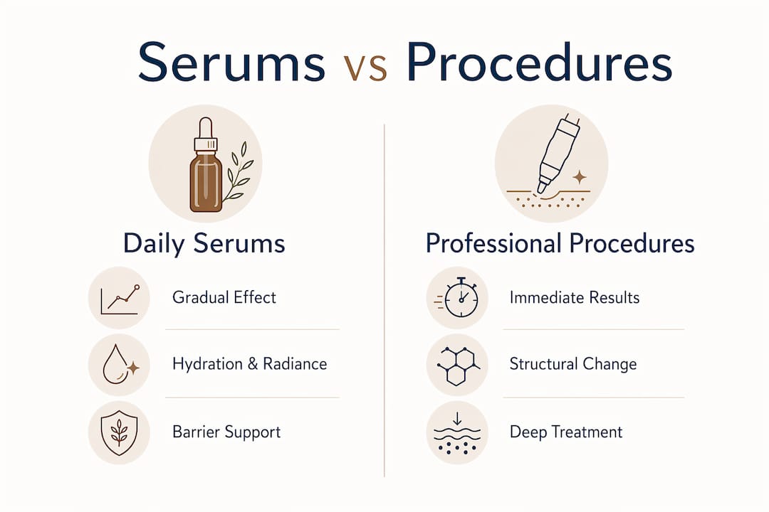 Comparison infographic of daily serums and professional procedures