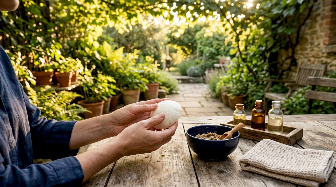Hands preparing konjac sponge for gentle exfoliation