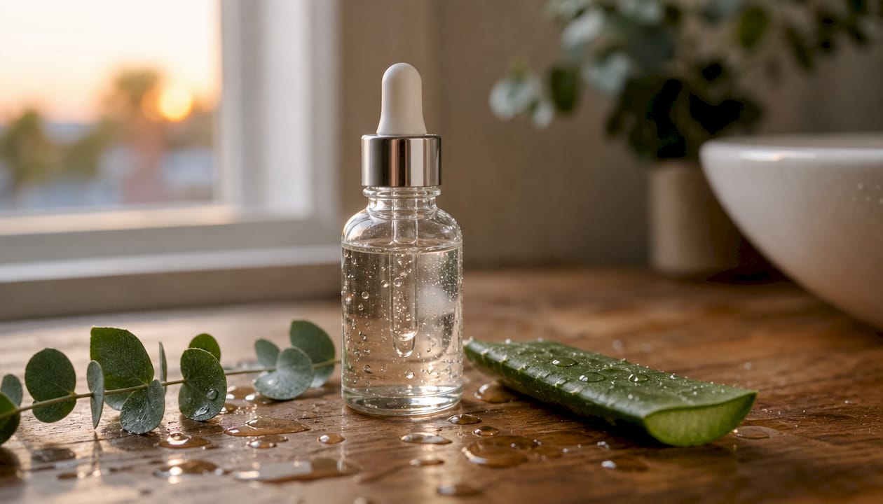 Close-up of hyaluronic acid serum bottle and aloe leaf