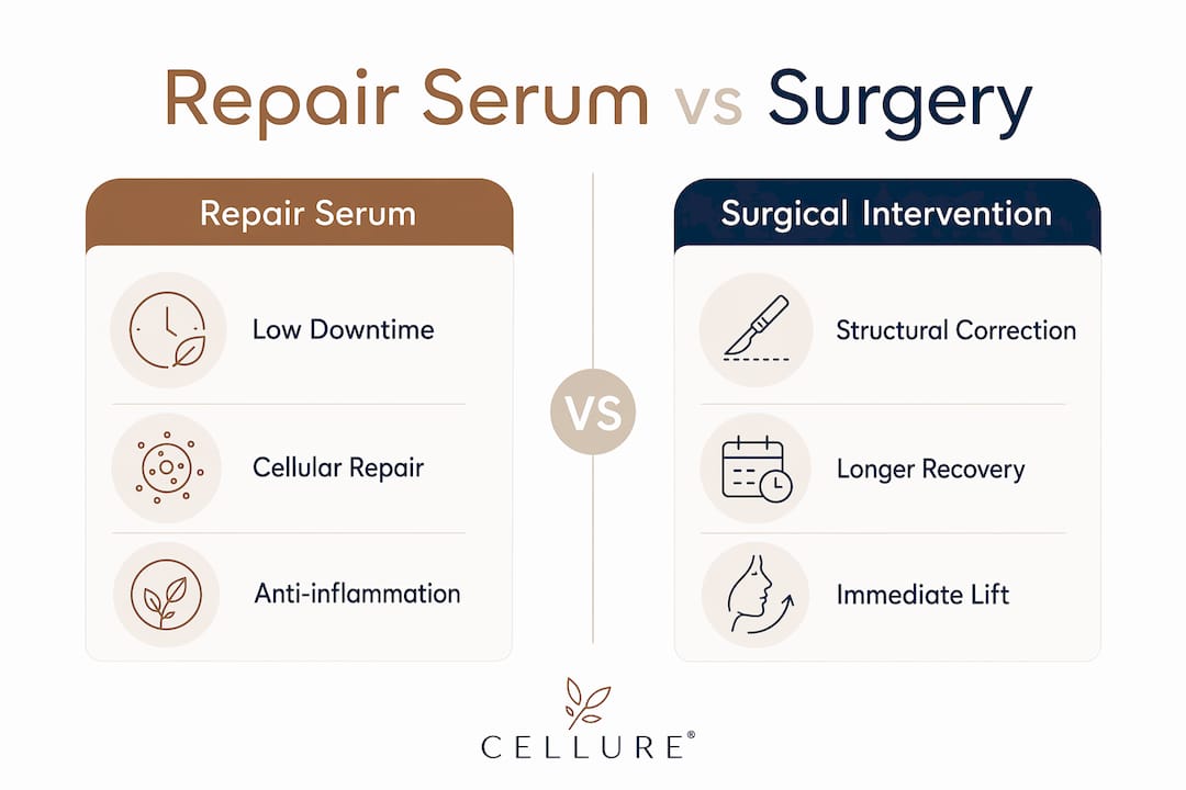 Infographic comparing repair serum and surgery benefits